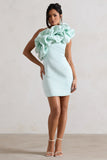 At The Opera Mint Satin One Shoulder Ruffled Mini Dress