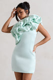 At The Opera Mint Satin One Shoulder Ruffled Mini Dress