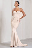 Custom Champagne Satin Sweetheart Corset Fishtail Maxi Dress