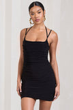 Angelica Black Ruched Strappy Bodycon Mini Dress