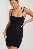 Angelica Black Ruched Strappy Bodycon Mini Dress