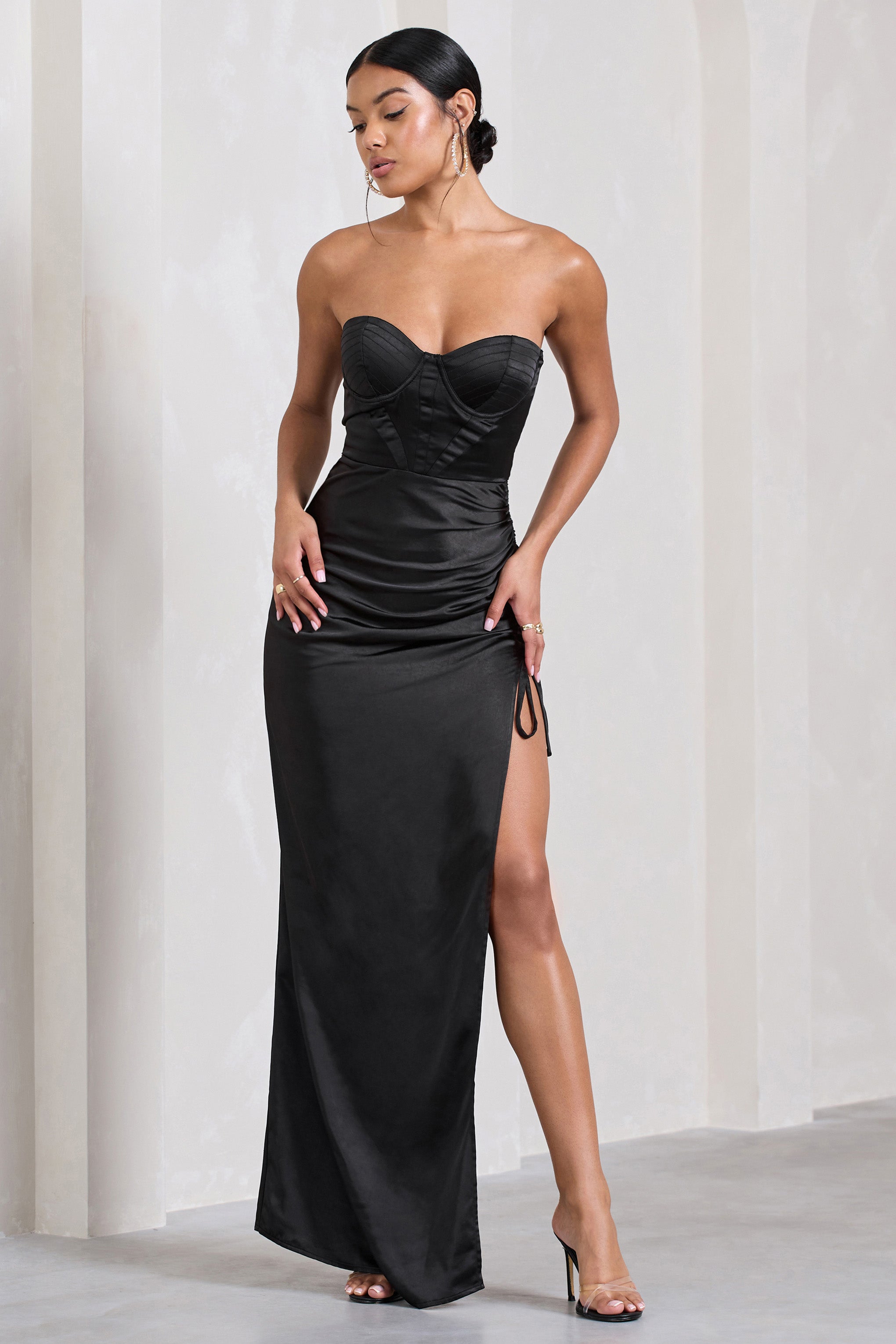 Expose Black Satin Sweetheart Corset Asymmetric Maxi Dress