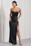 Expose Black Satin Sweetheart Corset Asymmetric Maxi Dress