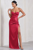 Expose Red Satin Sweetheart Corset Asymmetric Maxi Dress