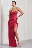 Expose Red Satin Sweetheart Corset Asymmetric Maxi Dress