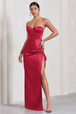 Expose Red Satin Sweetheart Corset Asymmetric Maxi Dress