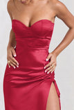 Expose Red Satin Sweetheart Corset Asymmetric Maxi Dress