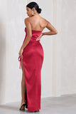 Expose Red Satin Sweetheart Corset Asymmetric Maxi Dress