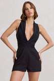 Game Of Chase Black Sleeveless Laced Blazer Playsuit