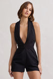 Game Of Chase Black Sleeveless Laced Blazer Playsuit