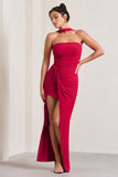 Paprika Red Ruched Halter-Neck Bandeau Maxi Dress