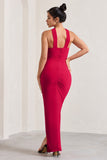 Paprika Red Ruched Halter-Neck Bandeau Maxi Dress