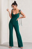 Pose Bottle Green Cowl-Neck Strappy flared-Leg Jumpsuit