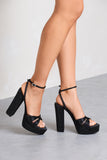 Crystal Cut Black Strappy Heeled Platform Sandals With Diamante Buckles