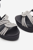 Doll Drama Black Satin Diamante Strappy Platform Heels