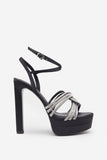 Doll Drama Black Satin Diamante Strappy Platform Heels
