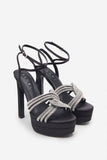 Doll Drama Black Satin Diamante Strappy Platform Heels