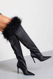 Soho Black Satin Pointed Heeled Boots With Feather Trims