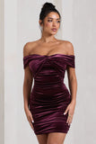 Appreciate Port Velvet Twisted Bardot Ruched Mini Dress