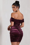 Appreciate Port Velvet Twisted Bardot Ruched Mini Dress