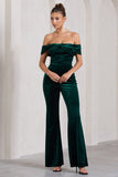 Recognition Bottle Green Velvet Twisted Bardot Wide-Leg Jumpsuit