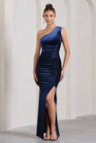 Stargazing Navy Velvet Asymmetric Split Maxi Dress