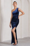 Stargazing Navy Velvet Asymmetric Split Maxi Dress