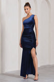 Stargazing Navy Velvet Asymmetric Split Maxi Dress