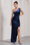Stargazing Navy Velvet Asymmetric Split Maxi Dress