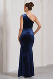 Stargazing Navy Velvet Asymmetric Split Maxi Dress