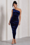 Dorit Navy Velvet One Shoulder Asymmetric Ruched Midi Dress