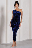 Dorit Navy Velvet One Shoulder Asymmetric Ruched Midi Dress