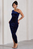 Dorit Navy Velvet One Shoulder Asymmetric Ruched Midi Dress