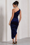 Dorit Navy Velvet One Shoulder Asymmetric Ruched Midi Dress