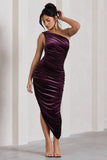 Dorit Dark Purple Velvet One Shoulder Asymmetric Ruched Midi Dress