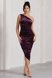 Dorit Dark Purple Velvet One Shoulder Asymmetric Ruched Midi Dress