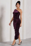 Dorit Dark Purple Velvet One Shoulder Asymmetric Ruched Midi Dress