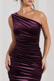 Dorit Dark Purple Velvet One Shoulder Asymmetric Ruched Midi Dress