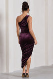 Dorit Dark Purple Velvet One Shoulder Asymmetric Ruched Midi Dress