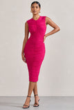 Alight Fuchsia Pink Ruched Mesh Sleeveless Bodycon Midi Dress