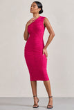 Alight Fuchsia Pink Ruched Mesh Sleeveless Bodycon Midi Dress
