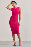 Alight Fuchsia Pink Ruched Mesh Sleeveless Bodycon Midi Dress
