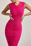Alight Fuchsia Pink Ruched Mesh Sleeveless Bodycon Midi Dress