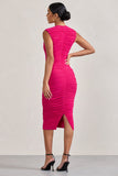 Alight Fuchsia Pink Ruched Mesh Sleeveless Bodycon Midi Dress