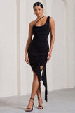 Radiate Black Asymmetric Ruched Ruffled Mini Dress