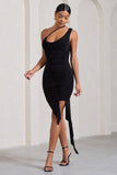 Radiate Black Asymmetric Ruched Ruffled Mini Dress