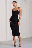 Bree Black Ruched Mesh Strappy Bodycon Midi Dress