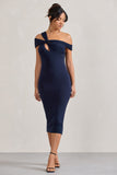 Chain Reaction Navy Strappy Asymmetric Bodycon Midi Dress