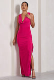 Luminescent Fuchsia Pink Cowl-Neck Split Maxi Dress