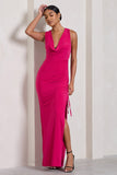 Luminescent Fuchsia Pink Cowl-Neck Split Maxi Dress